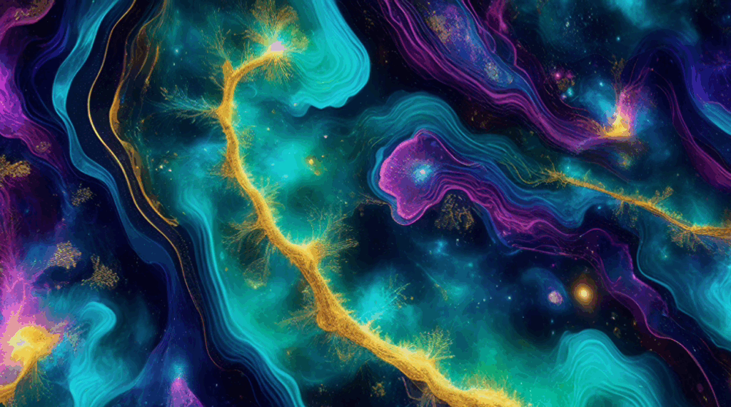 Intricate golden and teal neural pathways forming a cosmic map, symbolizing ordered reality.